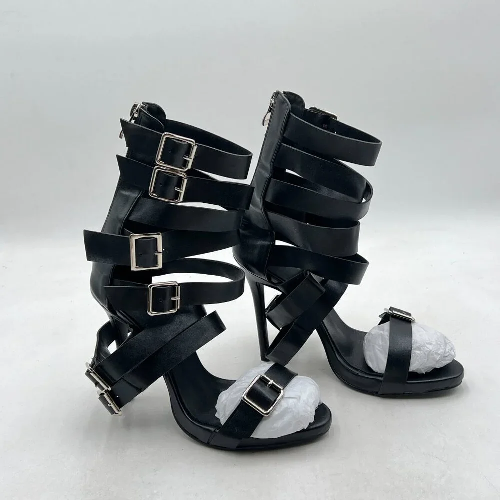 Black Women Sexy Strappy Gladiator Sandals High Heel Shoes for Summer Prom Party - Picture 3 of 7